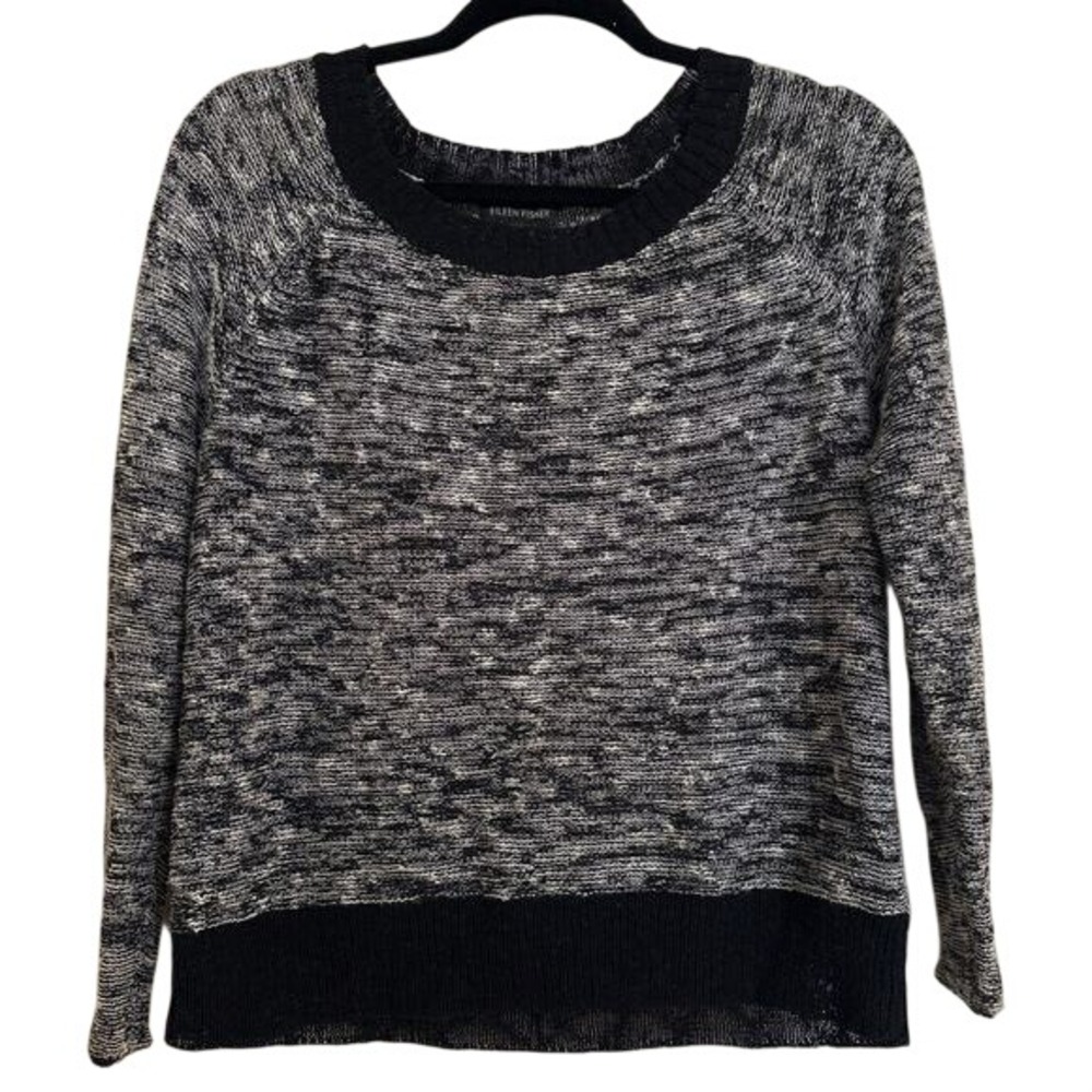 Eileen Fisher Linen Cotton Blend Marled Knit Scoop Neck Sweater Black White XS